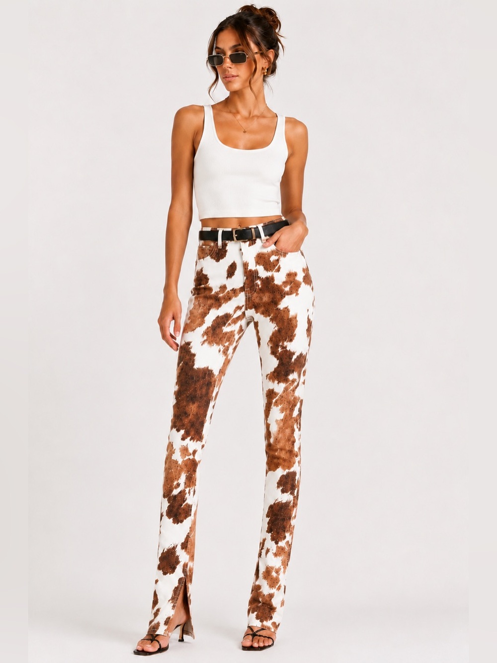 WeWoreWhat Stiletto Slit Jeans Brown Cow Print Skinny Stretch Denim Size 26
